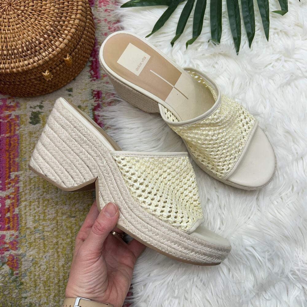 Dolce Vita Neutral White Raffia Chunky Platform Slide Sandal 9.5 Boho Vacation